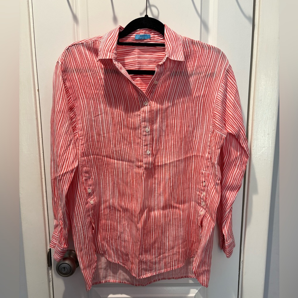 Woman’s J. McLaughlin “Fallon” Red and White Beach Summer Shirt 100% Linen